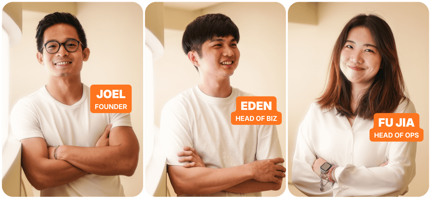 The Reno Fiesta team — Joel (Founder), Eden (Head of Biz), Fu Jia (Head of Ops)